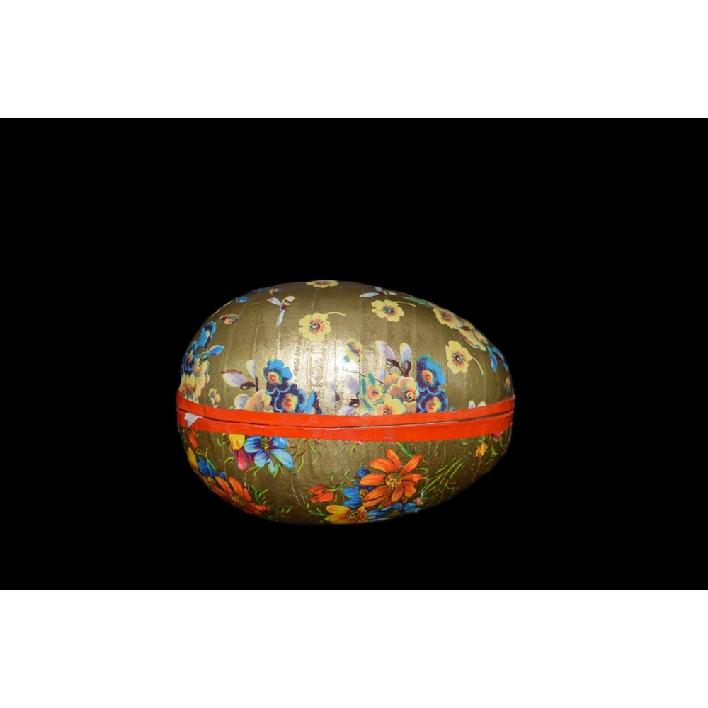 Vintage Western Germany Paper Mache Easter Egg Container Gold Floral 5.25"
